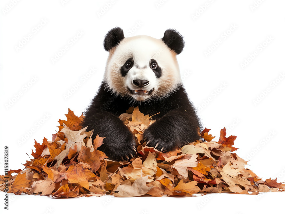 Naklejka premium A playful panda surrounded by a pile of colorful autumn leaves, showcasing the beauty of wildlife in nature.