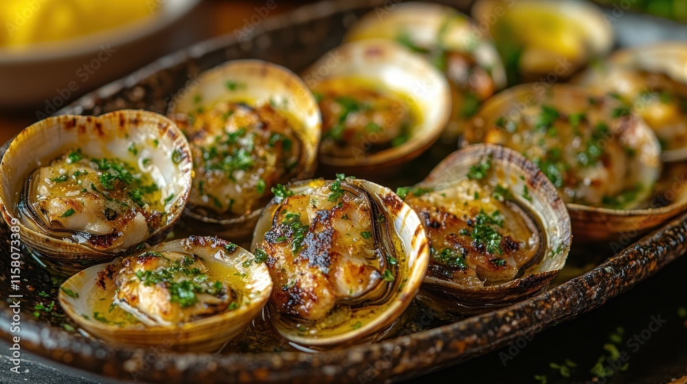 Grilled clams served on a rustic platter with a garnish of herbs. Grilled clams served on a rustic platter with a garnish of herbs.