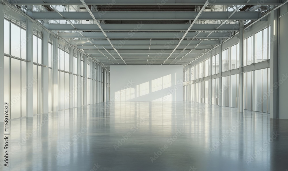 Sunlit empty warehouse interior with large windows and high ceiling. Sunlit empty warehouse interior with large windows and high ceiling.
