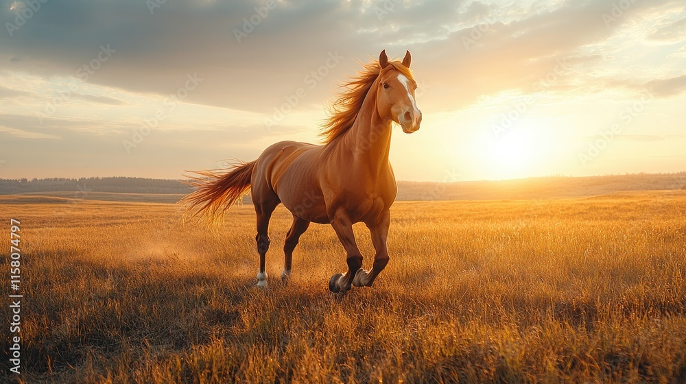 Chestnut horse running in sunset field. Chestnut horse running in sunset field.