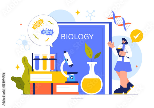 Biology Vector Illustration featuring DNA Gene Molecule, Virus, Genetic Biotechnology, Chemistry, Genome, and Science in a Flat Style Background