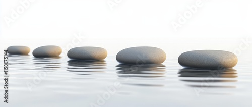 Five smooth stones float gently on calm water, creating a serene and minimalist scene.