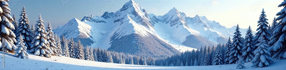 Obraz premium Dense fir forest under snow-capped mountain peaks, serenity, snow-covered