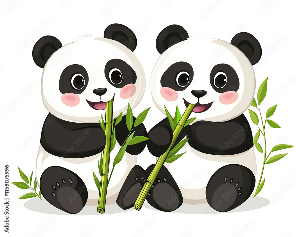Obraz premium Two adorable pandas happily munching on bamboo in a playful scene filled with greenery.