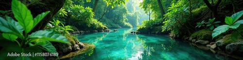 Emerald waters flow gently through dense foliage, fauna, wildlife