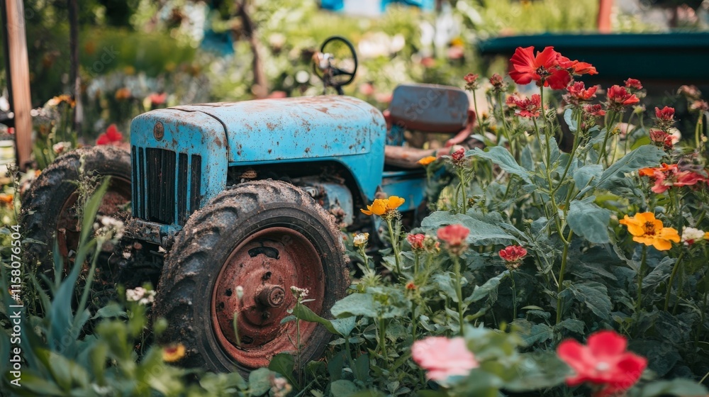Blue tractor in a field of wildflowers Blue tractor in a field of wildflowers