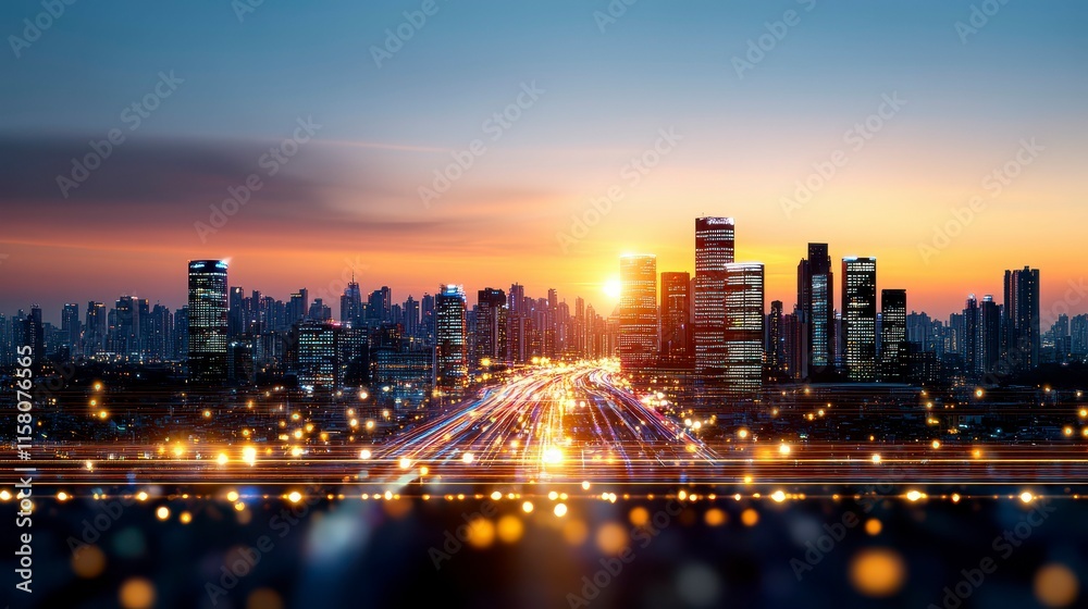 Fototapeta premium A vibrant city skyline at sunset with bustling traffic and glowing lights.