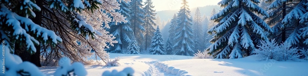 Fototapeta premium Frozen forest with snowflakes settling on trees, nature, serene