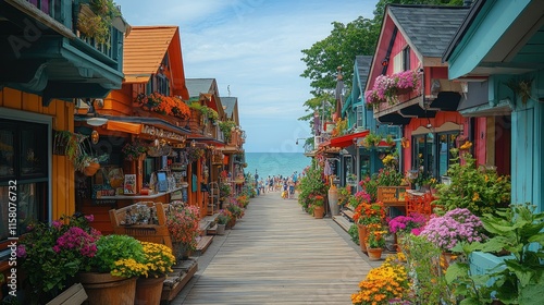 Colorful beach houses line a boardwalk leading to a sandy beach. photo