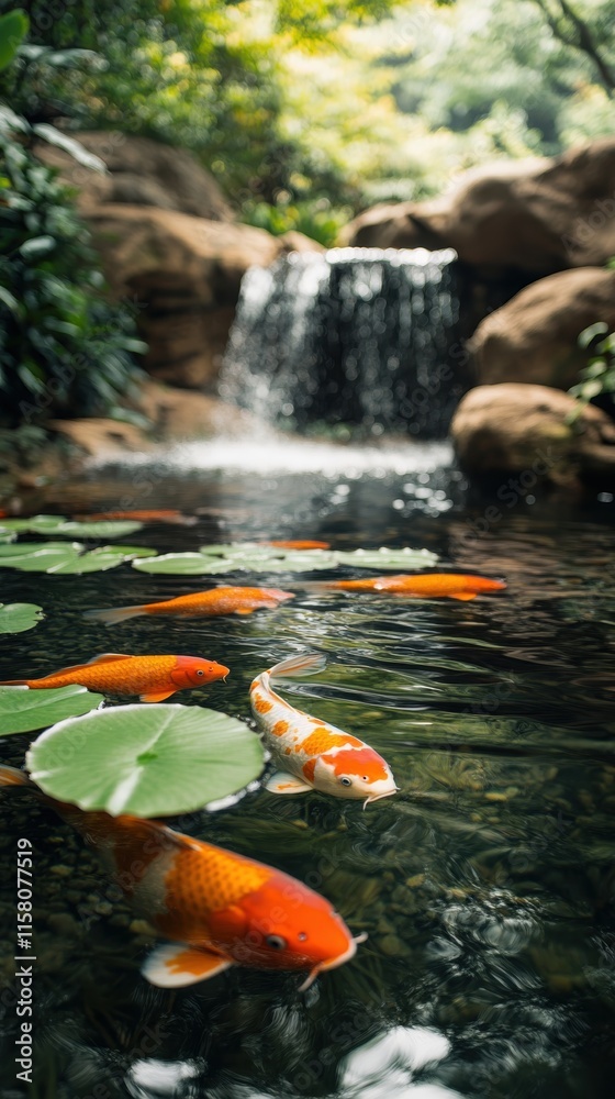 A serene pond with colorful koi fish swimming among lily pads, complemented by a gentle waterfall in a lush environment. A serene pond with colorful koi fish swimming among lily pads, complemented by a gentle waterfall in a lush environment.
