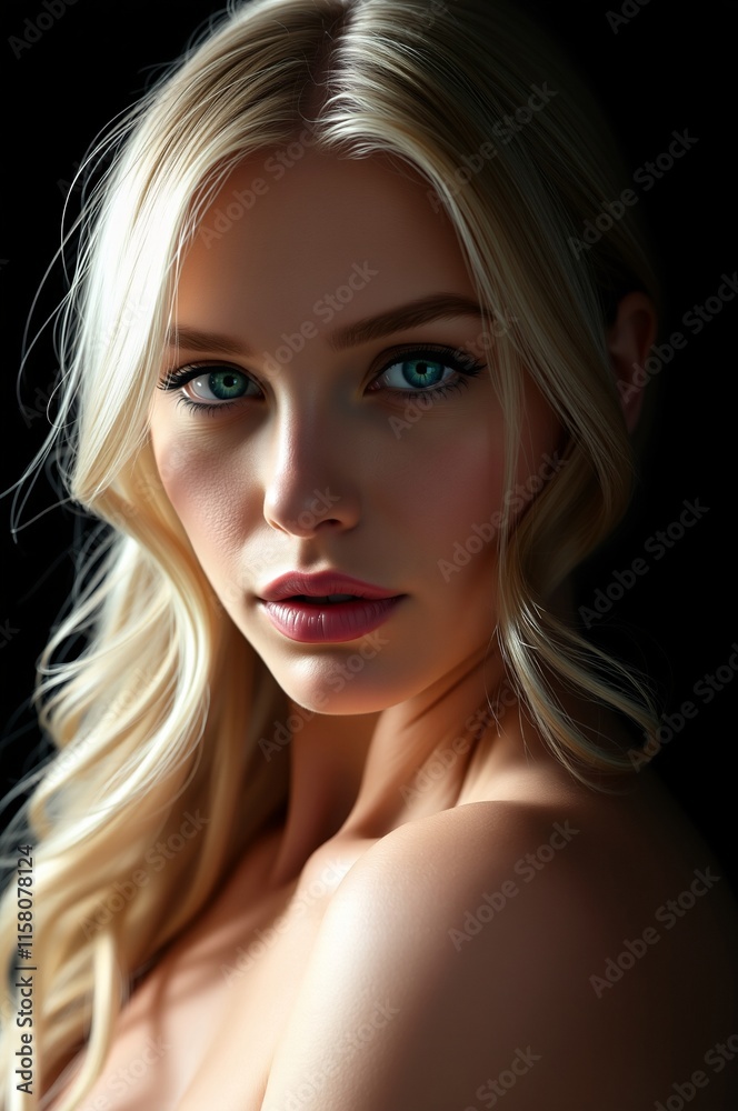 Captivating Portrait of a Young Woman with Blonde Hair and Striking Blue Eyes in Dramatic Lighting Captivating Portrait of a Young Woman with Blonde Hair and Striking Blue Eyes in Dramatic Lighting