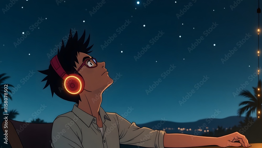 Relaxed man enjoying music with retro headphones in a tranquil setting,Anime illustration. Relaxed man enjoying music with retro headphones in a tranquil setting,Anime illustration.