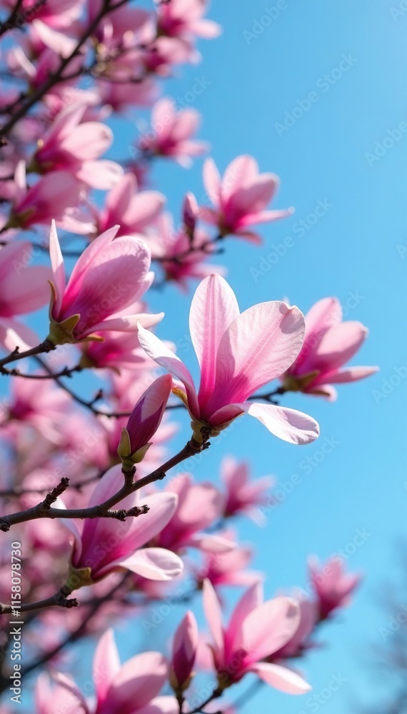 Obraz premium Pink petals of a blooming magnolia tree against a clear blue sky, landscape photo, natural beauty, botanical photography