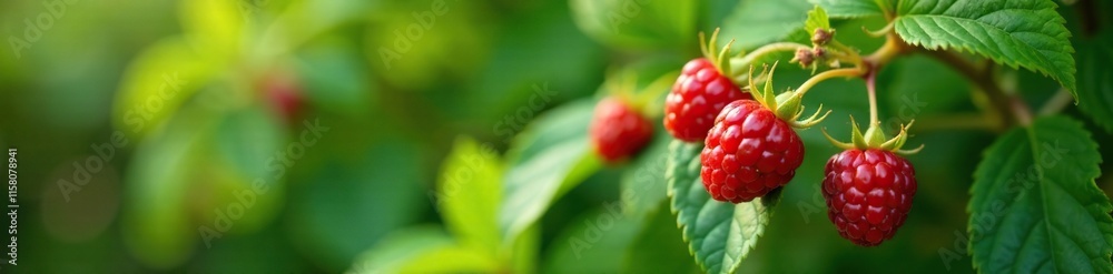 Raspberry plant in full bloom with berries and leaves, garden, foliage Raspberry plant in full bloom with berries and leaves, garden, foliage