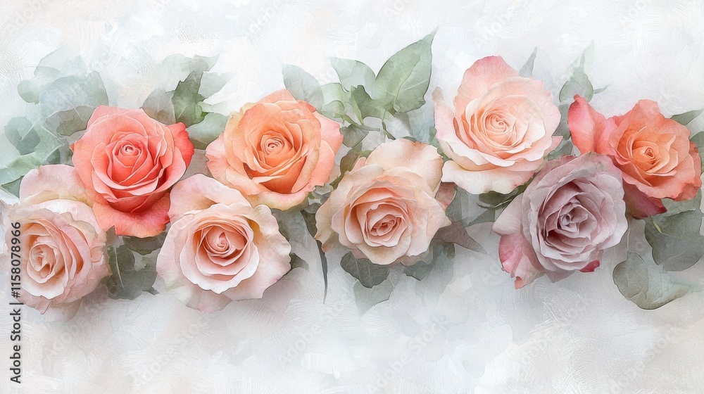 A soft, pastel arrangement of roses in shades of pink and peach, accented by delicate green leaves, creating an elegant floral display. A soft, pastel arrangement of roses in shades of pink and peach, accented by delicate green leaves, creating an elegant floral display.