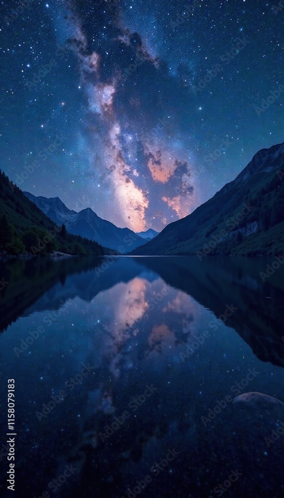 Reflection of galaxy on calm lake surface at night, lake, space Reflection of galaxy on calm lake surface at night, lake, space