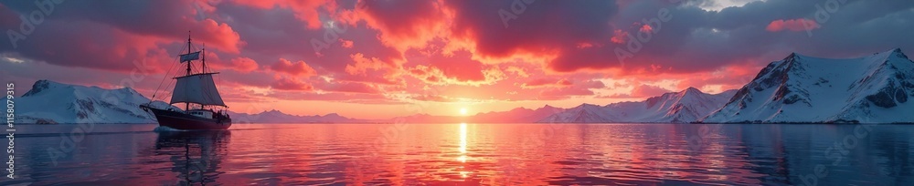Naklejka premium Roald Amundsen's brig navigates through the sunset-colored waters, brig, atlantic, water