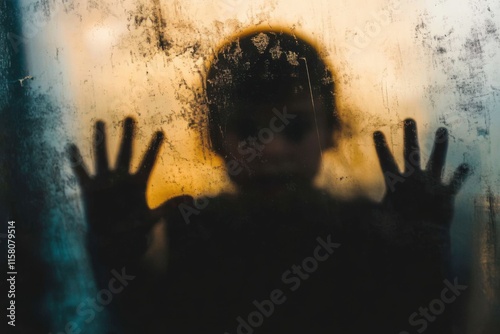 Shadowy figure- child behind glass - horror background photo