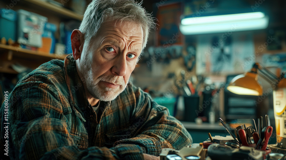 focused locksmith with gray hair and plaid shirt, working in workshop focused locksmith with gray hair and plaid shirt, working in workshop