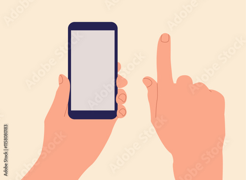Flat illustration with hand holding phone and hand with index finger up