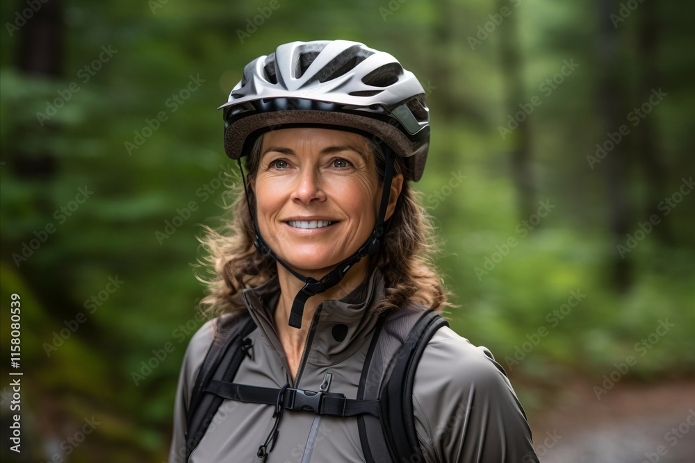 Portrait of smiling senior woman with bicycle helmet in the forest. Portrait of smiling senior woman with bicycle helmet in the forest.