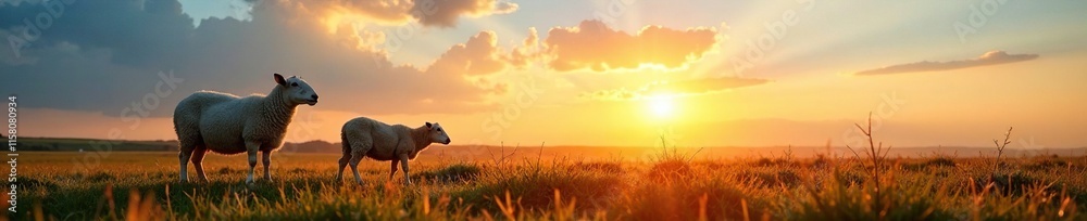 Sunset landscape with grazing sheep and a bright blue sky, grass, sunset, natural light Sunset landscape with grazing sheep and a bright blue sky, grass, sunset, natural light
