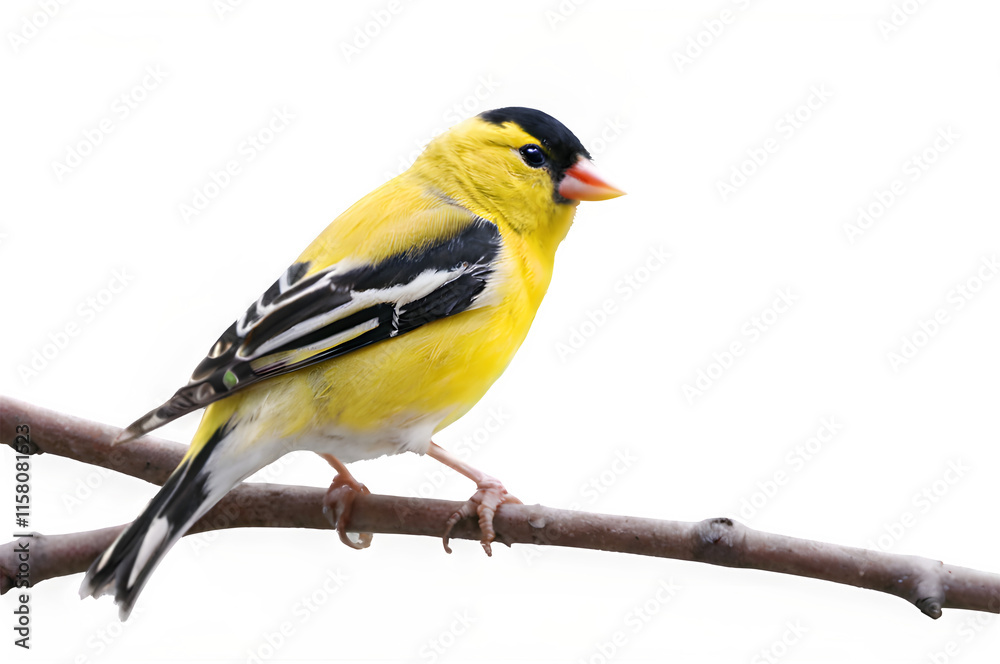 A bright yellow goldfinch perched delicately on a branch, with its cheerful colors standing out against a plain white canvas.
A bright yellow goldfinch perched delicately on a branch, with its cheerful colors standing out against a plain white canvas.