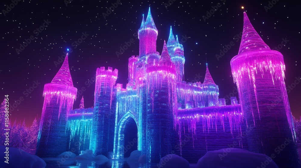 Fototapeta premium Ice castle illuminated with colorful lights during winter holidays