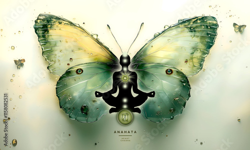 Heart Chakra (Anahata) Meditation. Human silhouette in yoga lotus pose, 7 Chakras Symbols, mystical green butterfly background. Inspiration for meditation, transformation, chakra energy healing