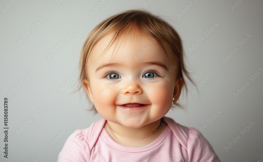 A baby is smiling and wearing a pink sweater A baby is smiling and wearing a pink sweater