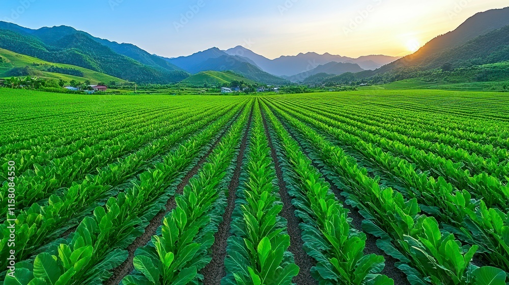Lush green fields of crops with mountains in the background at sunset. Lush green fields of crops with mountains in the background at sunset.
