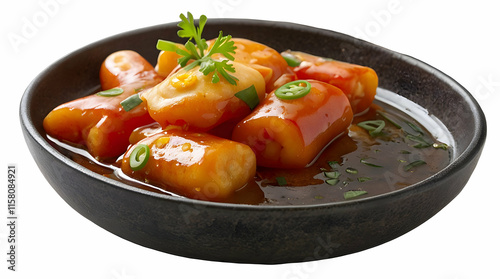 Delicious Korean Tteokbokki in a Dark Bowl Against a White Background photo