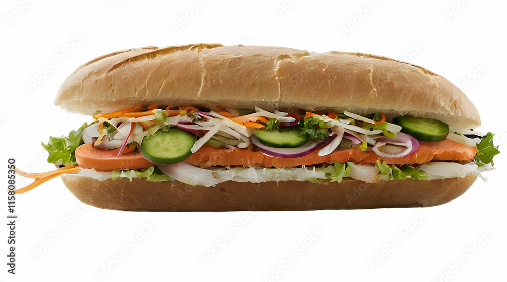 Delicious Smoked Salmon Sandwich with Fresh Vegetables Against a White Background Delicious Smoked Salmon Sandwich with Fresh Vegetables Against a White Background