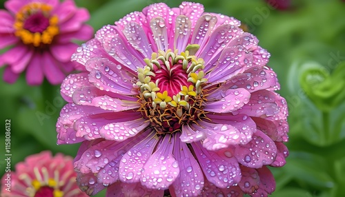 pink zinnia with dew droplets photo