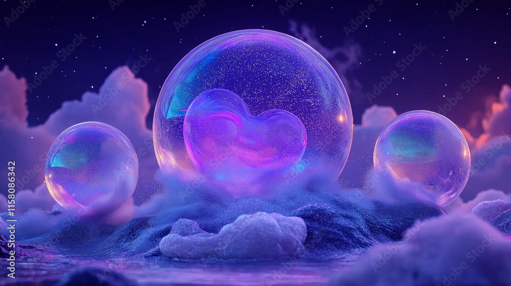 Colorful bubbles float above a dreamy landscape with clouds and a starry night sky in a surreal setting Colorful bubbles float above a dreamy landscape with clouds and a starry night sky in a surreal setting