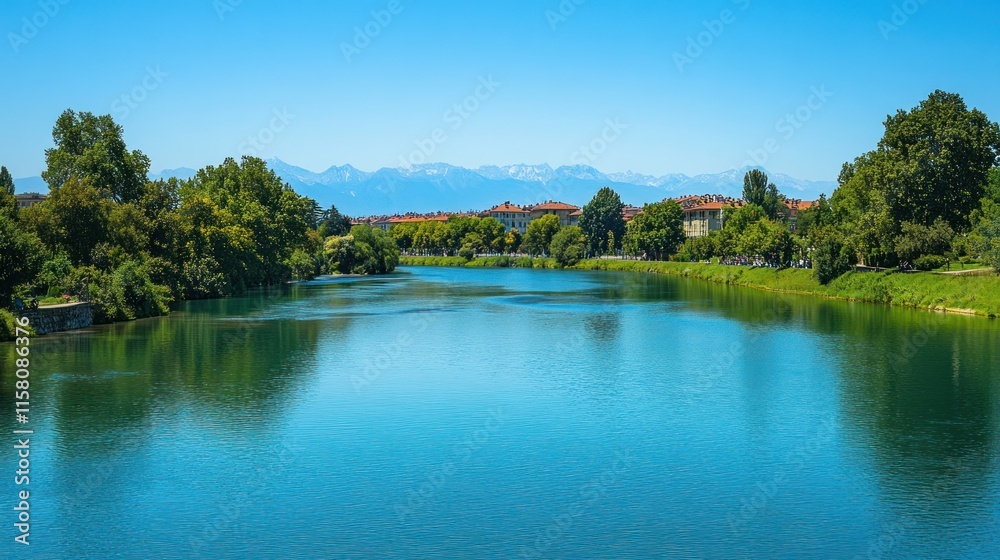 Serene river scene with cityscape and mountains under a clear blue sky. (1) Serene river scene with cityscape and mountains under a clear blue sky. (1)