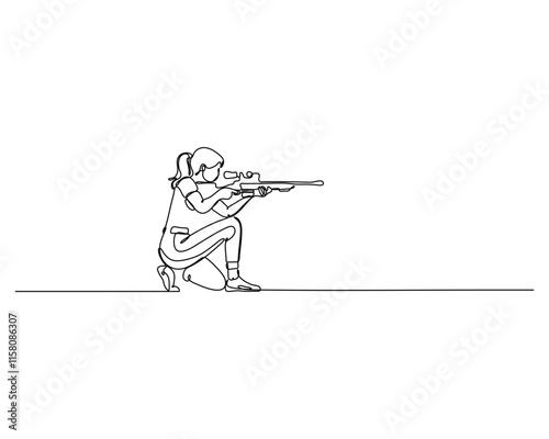 a person in a kneeling position, aiming a rifle. The minimalist design highlights the focus and precision of shooting, capturing the essence of the activity with continuous lines design style.