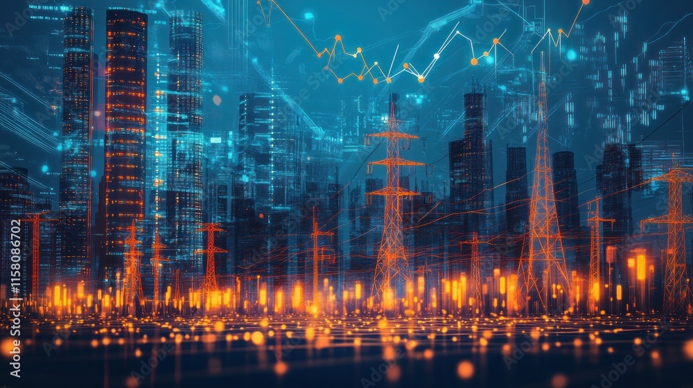 Fototapeta premium Futuristic cityscape with power lines and financial data overlay.