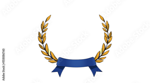 golden laurel wreath with a royal blue ribbon tied at the base