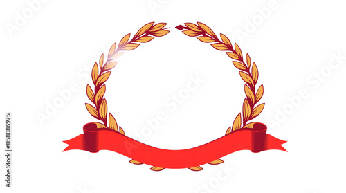 golden laurel wreath with a bold red ribbon tied below