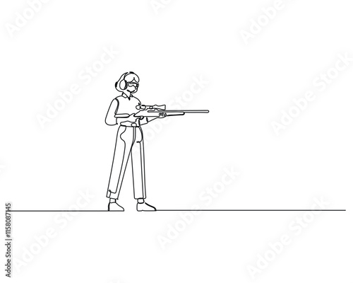 a woman standing and holding a rifle, wearing protective earmuffs and glasses. Minimalist design captures the focus and precision required in shooting sports or training