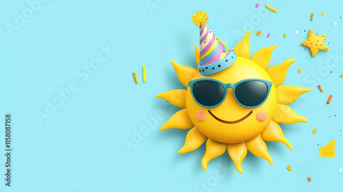 Cheerful cartoon sun wearing sunglasses and birthday hat, surrounded by festive decorations, radiating joy and celebration. Perfect for summer or birthday themes