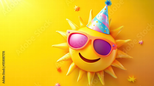 cheerful cartoon sun wearing sunglasses and birthday hat, radiating joy against bright yellow background. Perfect for celebrations and summer vibes