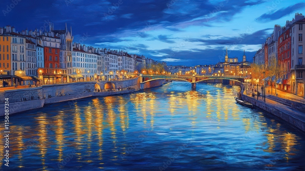 Obraz premium Night cityscape, river, bridge, buildings, lights, reflections.