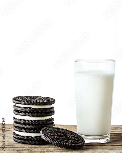 Delicious Oreo cookies stacked next to a glass of cold milk, perfect for a sweet treat or snack time. photo