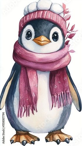 Adorable watercolor illustration of a baby penguin wearing a pink knitted winter hat and matching scarf with fringe, standing in a cute pose with big expressive eyes. photo