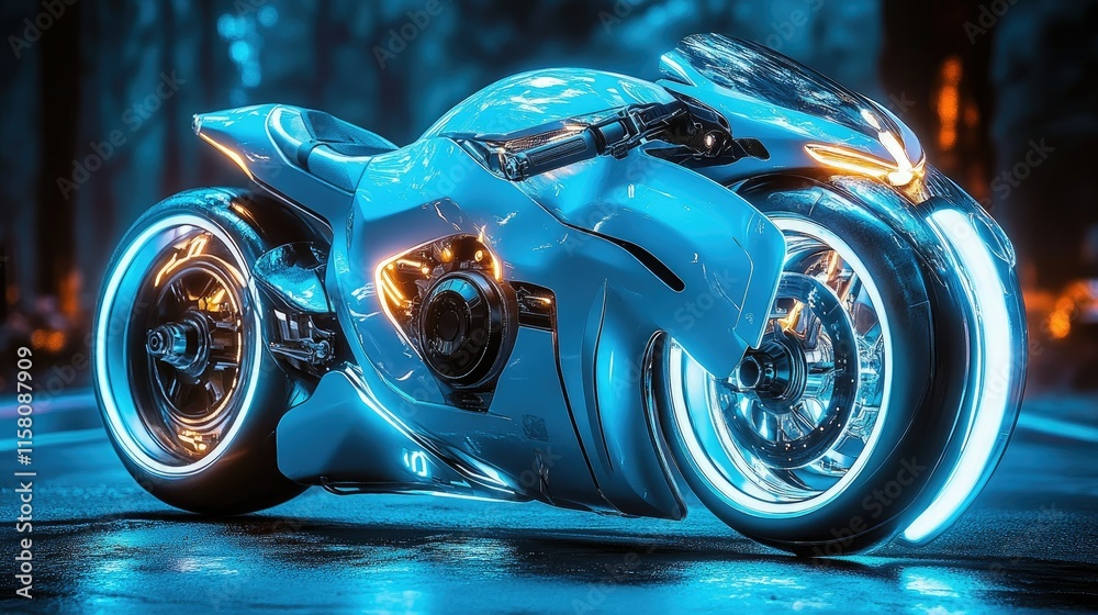 Futuristic blue motorbike on wet road at night. Futuristic blue motorbike on wet road at night.