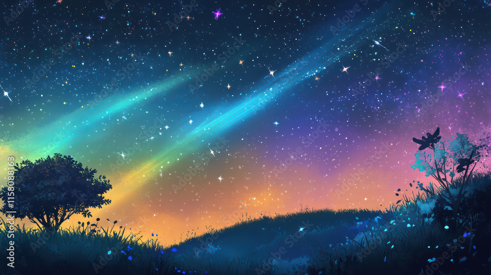 Obraz premium dreamy night sky filled with colorful auroras, twinkling stars, and serene landscape. vibrant colors create magical atmosphere, perfect for stargazing and reflection