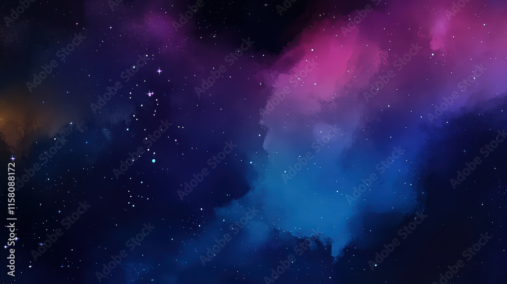 Naklejka premium dreamy night sky filled with colorful auroras and twinkling stars creates mesmerizing cosmic scene. vibrant hues of purple, blue, and pink blend beautifully, evoking sense of wonder and