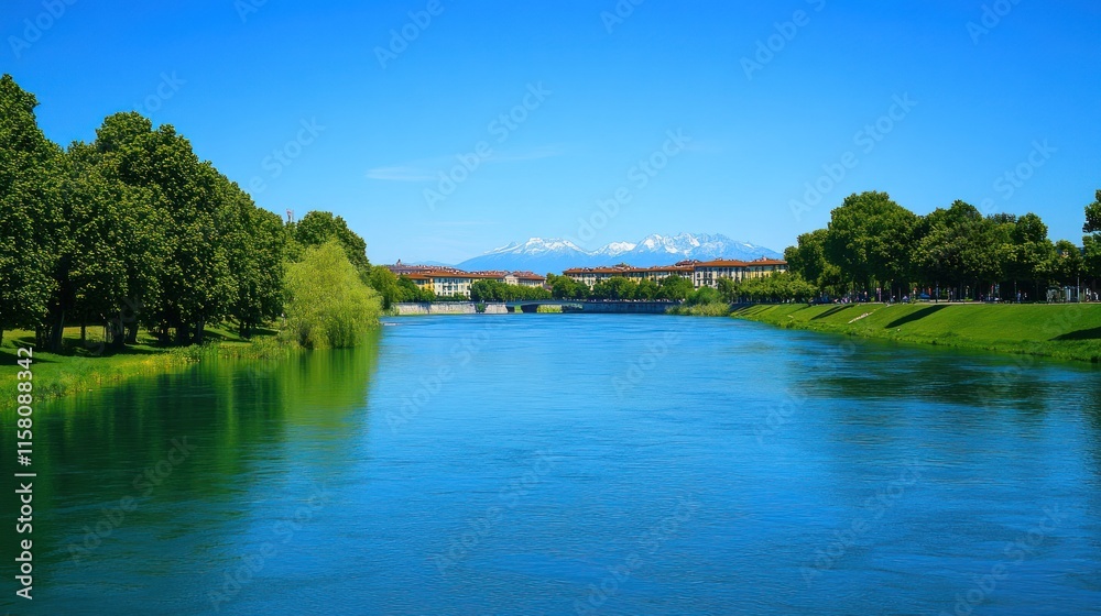 Serene river scene with cityscape and mountains under a clear blue sky. Serene river scene with cityscape and mountains under a clear blue sky.